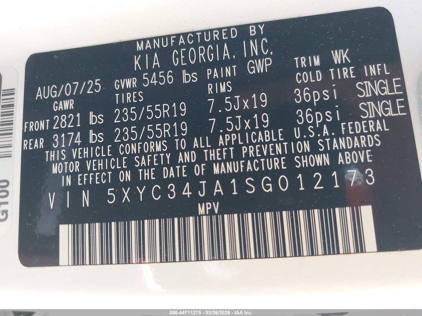 2025 Kia Ev6 Wind VIN: 5XYC34JA1SG012173 Lot: 44711275