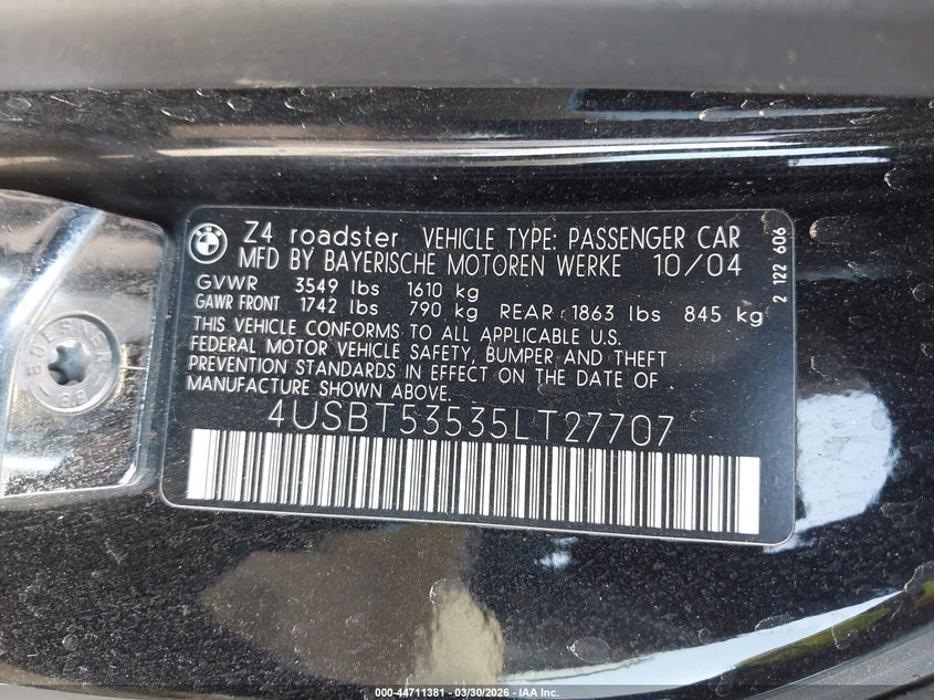 2005 BMW Z4 3.0I VIN: 4USBT53535LT27707 Lot: 44711381