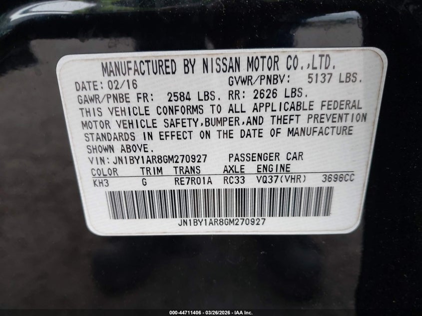 2016 Infiniti Q70 3.7X VIN: JN1BY1AR8GM270927 Lot: 44711406