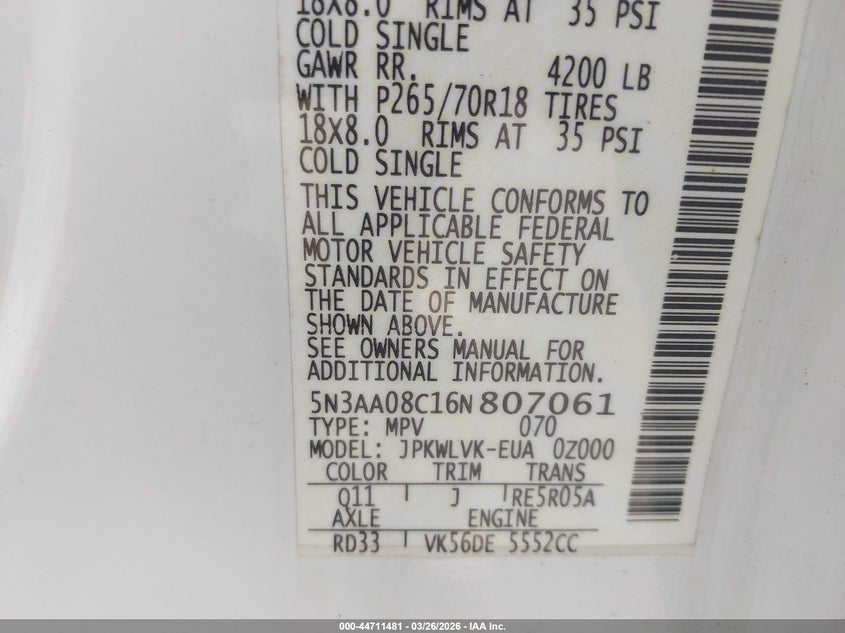 2006 Infiniti Qx56 VIN: 5N3AA08C16N807061 Lot: 44711481