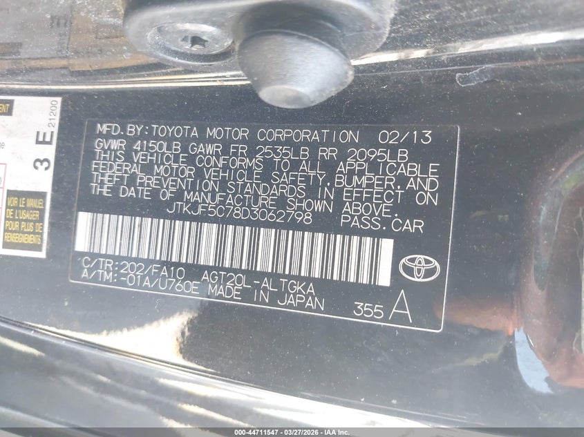 2013 SCION TC COUPE 2.5L I-4 DOHC, VVT, 180HP