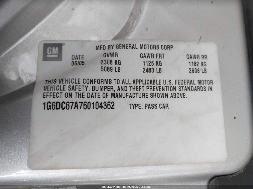 2006 Cadillac Sts V8 VIN: 1G6DC67A760104362 Lot: 44711583