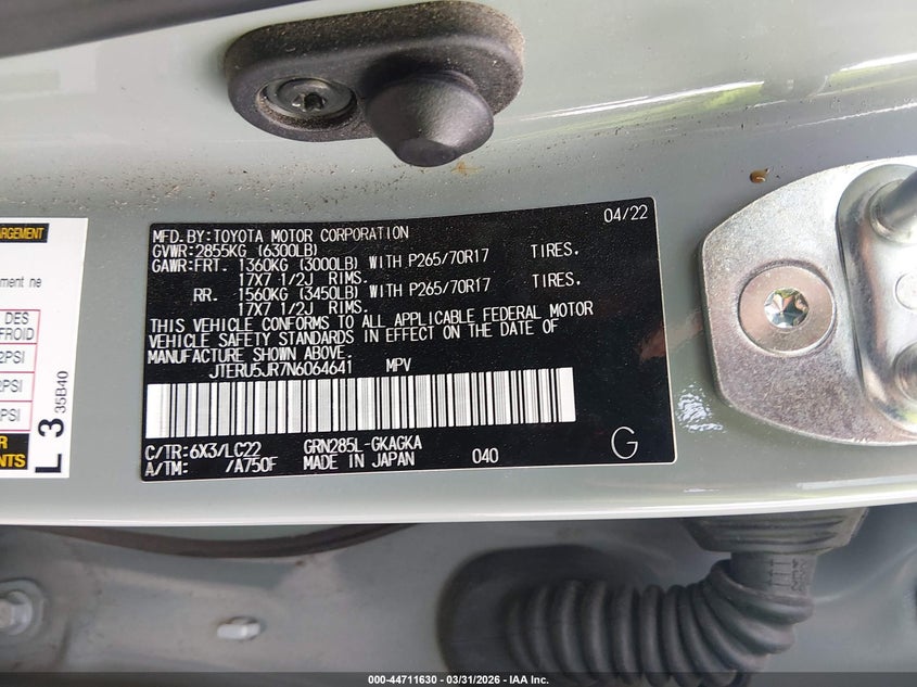 TOYOTA 4RUNNER 2022 VIN JTERU5JR7N6064641