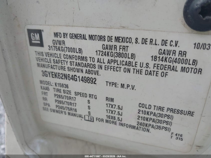 2004 Cadillac Escalade Ext Standard VIN: 3GYEK62N64G149892 Lot: 44711867