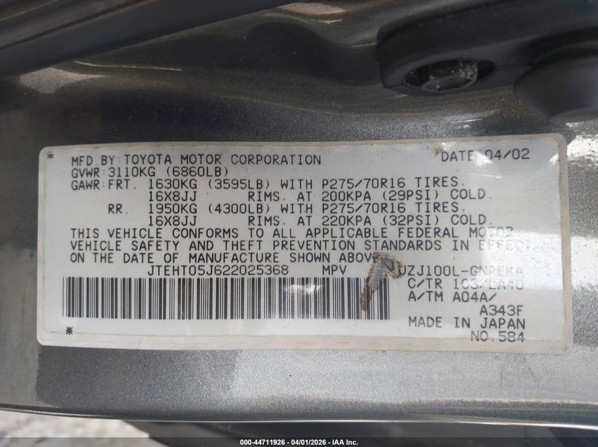 2002 Toyota Land Cruiser VIN: JTEHT05J622025368 Lot: 44711926