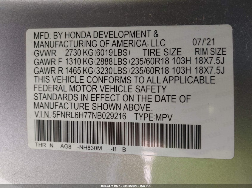 2022 Honda Odyssey Ex-L VIN: 5FNRL6H77NB029216 Lot: 44711927
