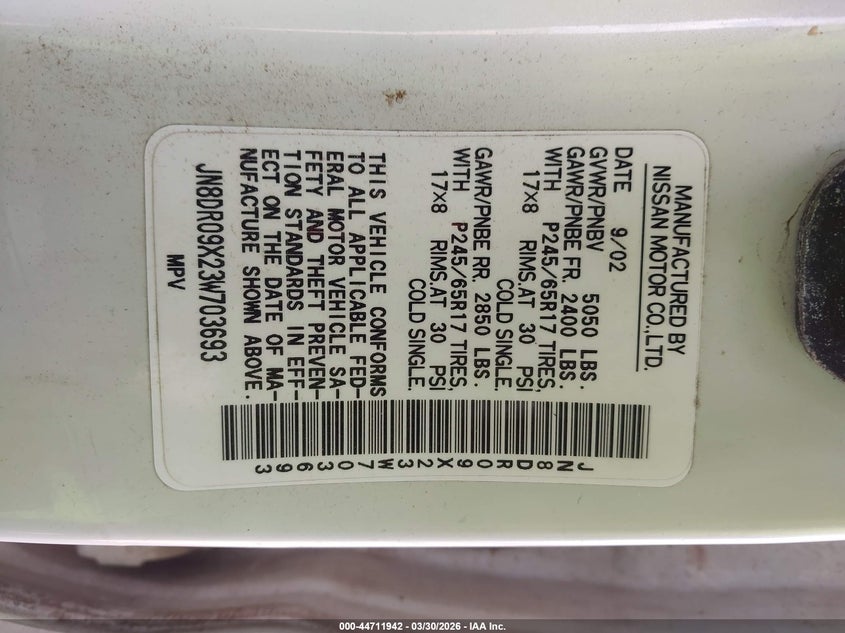 2003 Nissan Pathfinder Le VIN: JN8DR09X23W703693 Lot: 44711942