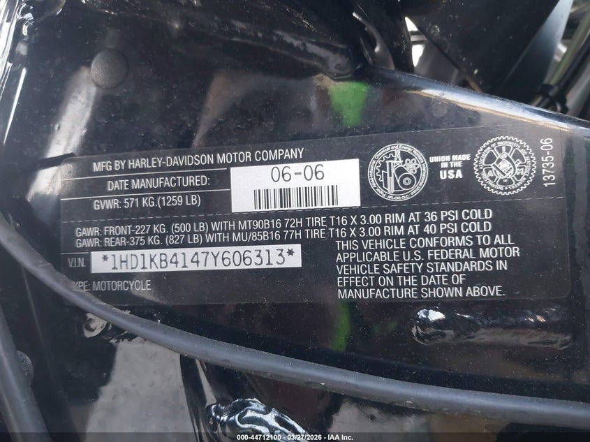 2007 Harley-Davidson Flhx VIN: 1HD1KB4147Y606313 Lot: 44712100