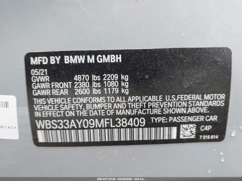 2021 BMW M3 Competition VIN: WBS33AY09MFL38409 Lot: 44712135