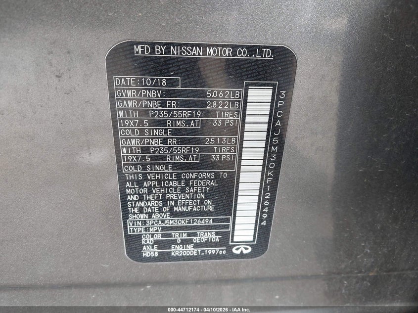 2019 Infiniti Qx50 Essential VIN: 3PCAJ5M30KF126494 Lot: 44712174