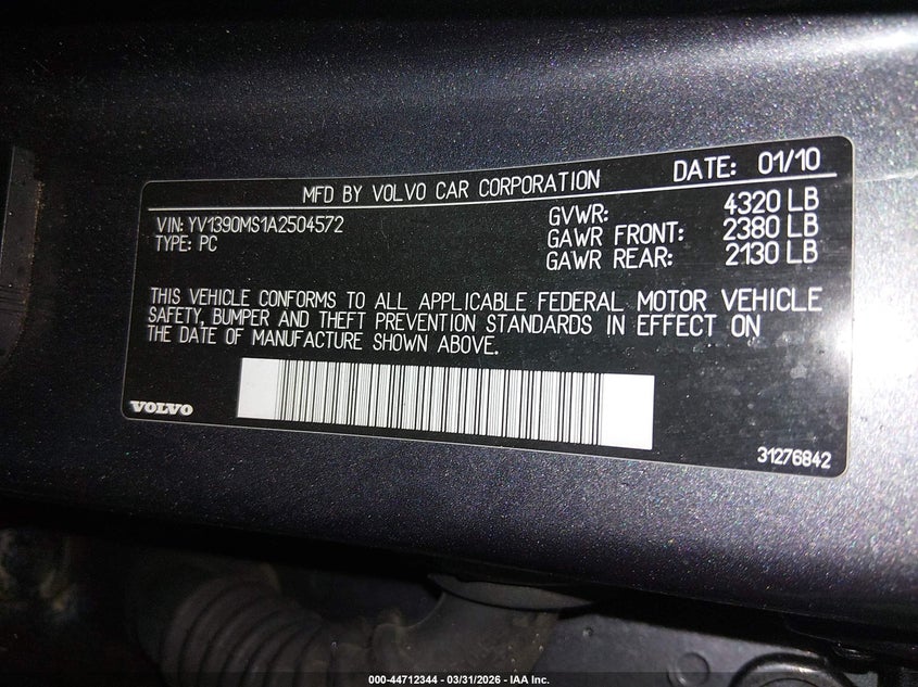 2010 Volvo S40 2.4I VIN: YV1390MS1A2504572 Lot: 44712344