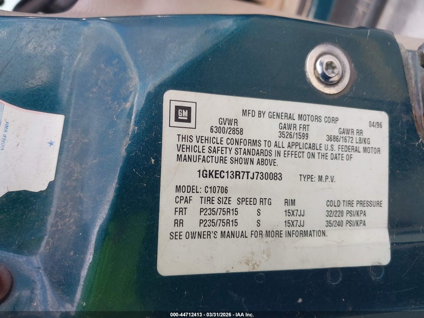 1996 GMC Yukon VIN: 1GKEC13R7TJ730083 Lot: 44712413