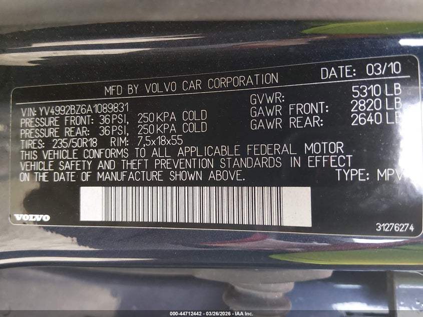 2010 Volvo Xc70 T6 VIN: YV4992BZ6A1089831 Lot: 44712442