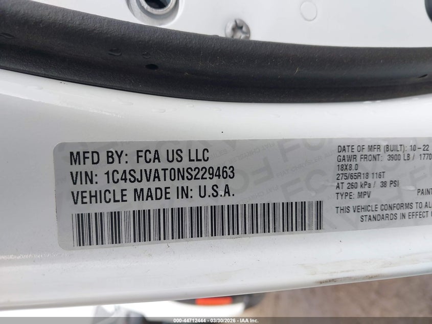 2022 Jeep Wagoneer Series I 4X4 VIN: 1C4SJVAT0NS229463 Lot: 44712444