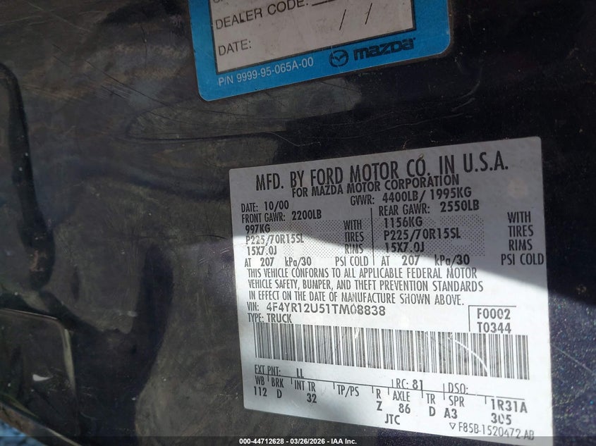 2001 Mazda B3000 Ds/Se VIN: 4F4YR12U51TM08838 Lot: 44712628