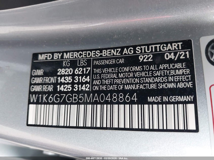 2021 Mercedes-Benz S 580 4Matic VIN: W1K6G7GB5MA048864 Lot: 44712838