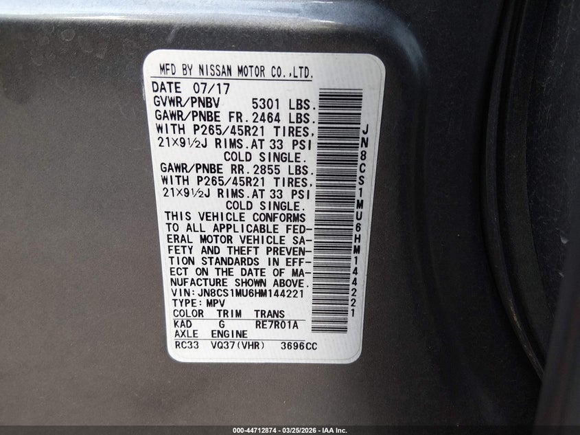 2017 Infiniti Qx70 VIN: JN8CS1MU6HM144221 Lot: 44712874