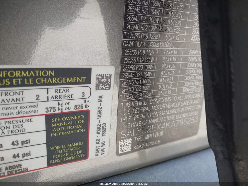 2019 Land Rover Range Rover Velar P250 R-Dynamic Se VIN: SALYL2EX4KA785253 Lot: 44712900