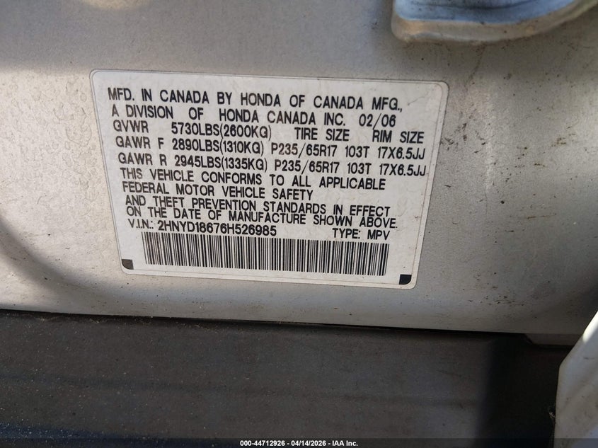 2006 Acura Mdx VIN: 2HNYD18676H526985 Lot: 44712926
