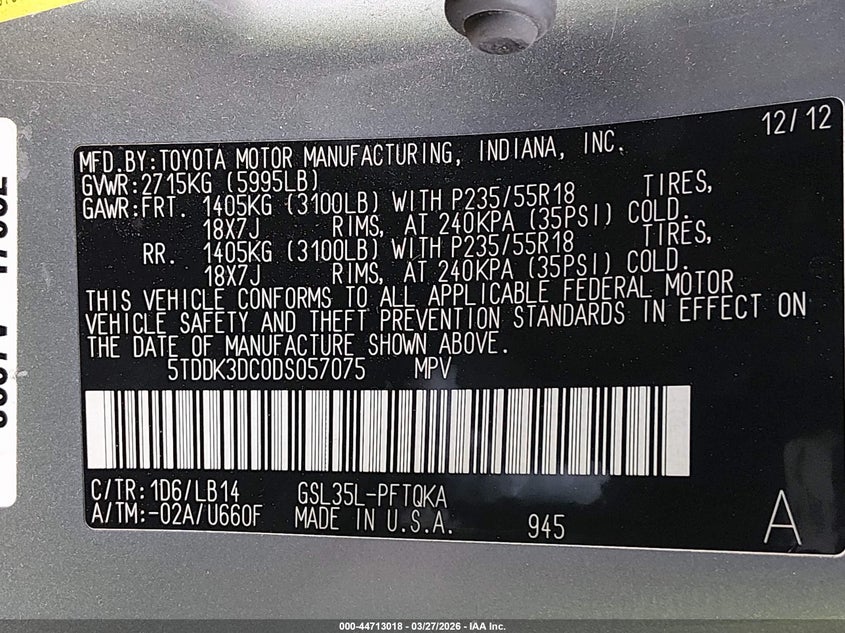 2013 TOYOTA SIENNA VAN 3.5L V-6 DOHC, VVT, 266HP