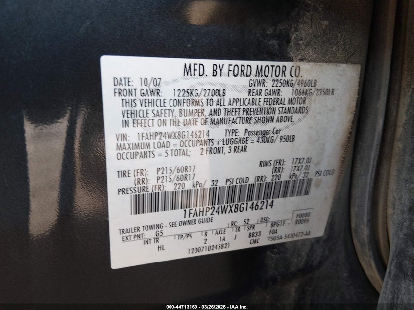 2008 Ford Taurus Sel VIN: 1FAHP24WX8G146214 Lot: 44713169