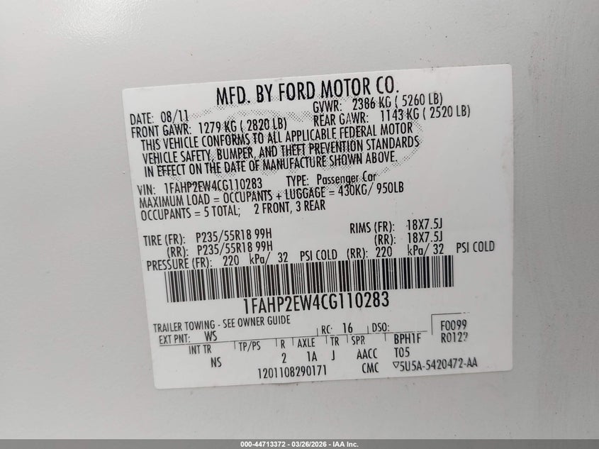 2012 Ford Taurus 3.5 Sel white Lot 111044713372 Vin 1FAHP2EW4CG110283