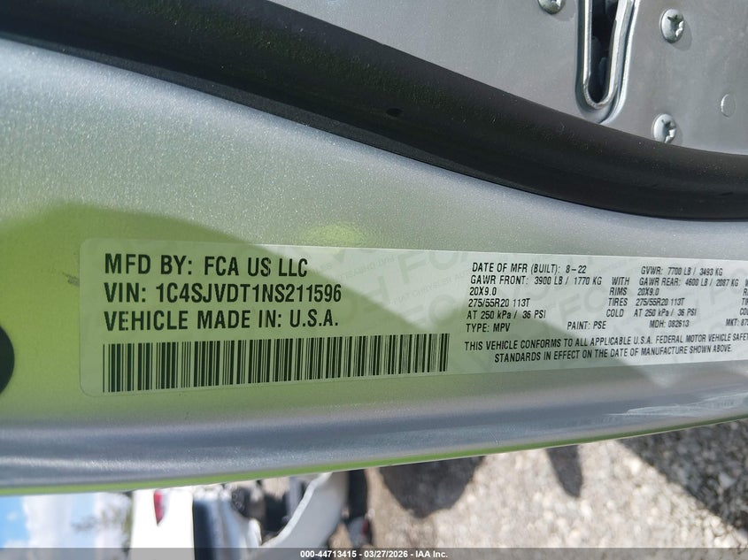 2022 Jeep Wagoneer Series Iii 4X4 VIN: 1C4SJVDT1NS211596 Lot: 44713415