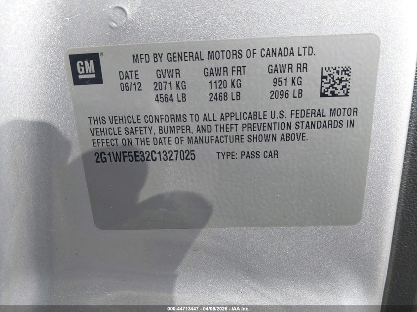 2012 Chevrolet Impala 3.6 Ls silver Lot 111044713447 Vin 2G1WF5E32C1327025