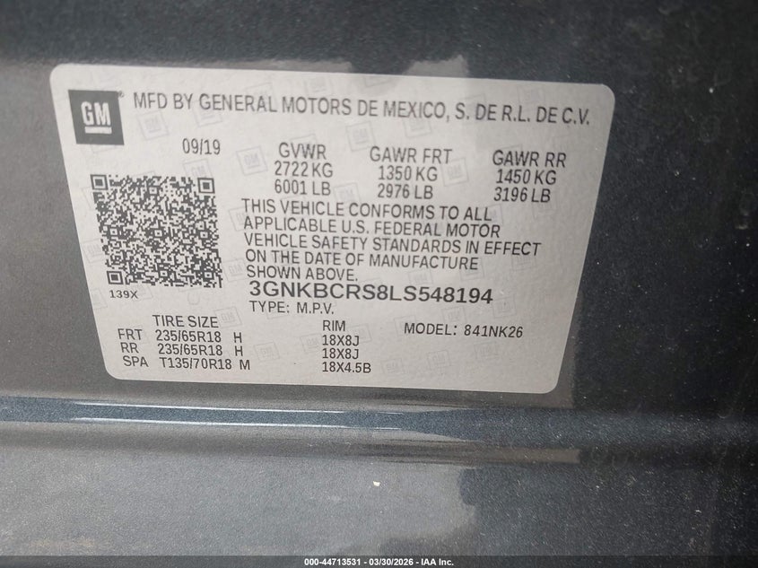 VIN 3GNKBCRS8LS548194 2020 CHEVROLET BLAZER FWD 2LT