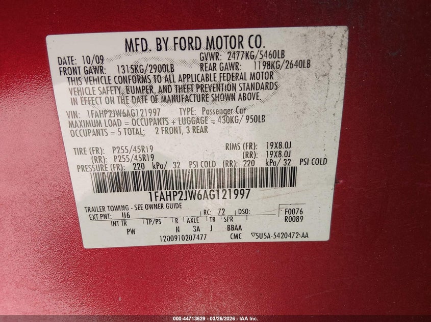 2010 Ford Taurus Limited VIN: 1FAHP2JW6AG121997 Lot: 44713629