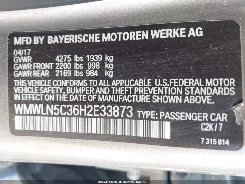 2017 Mini Clubman Cooper VIN: WMWLN5C36H2E33873 Lot: 44713676