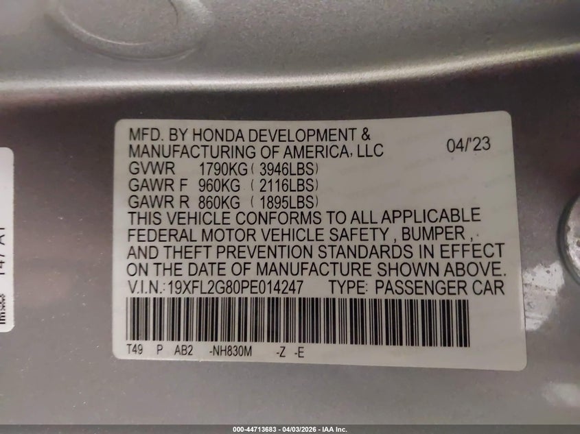 2023 HONDA CIVIC 2.0L I-4 DI, DOHC, V(VIN: 19XFL2G80PE014247