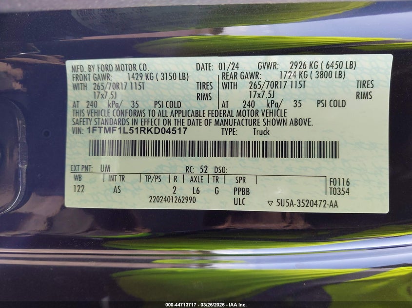 VIN 1FTMF1L51RKD04517 2024 FORD F-150 XL