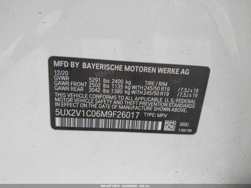 2021 BMW X4 xDrive30I VIN: 5UX2V1C06M9F26017 Lot: 44713879