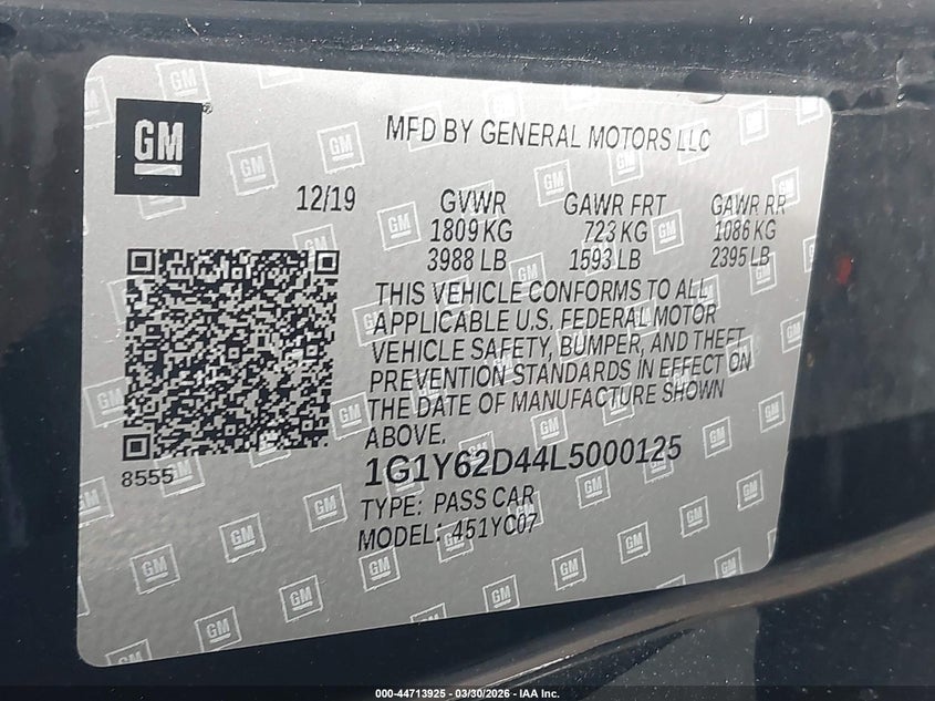 2020 Chevrolet Corvette Stingray Rwd 1Lt VIN: 1G1Y62D44L5000125 Lot: 44713925