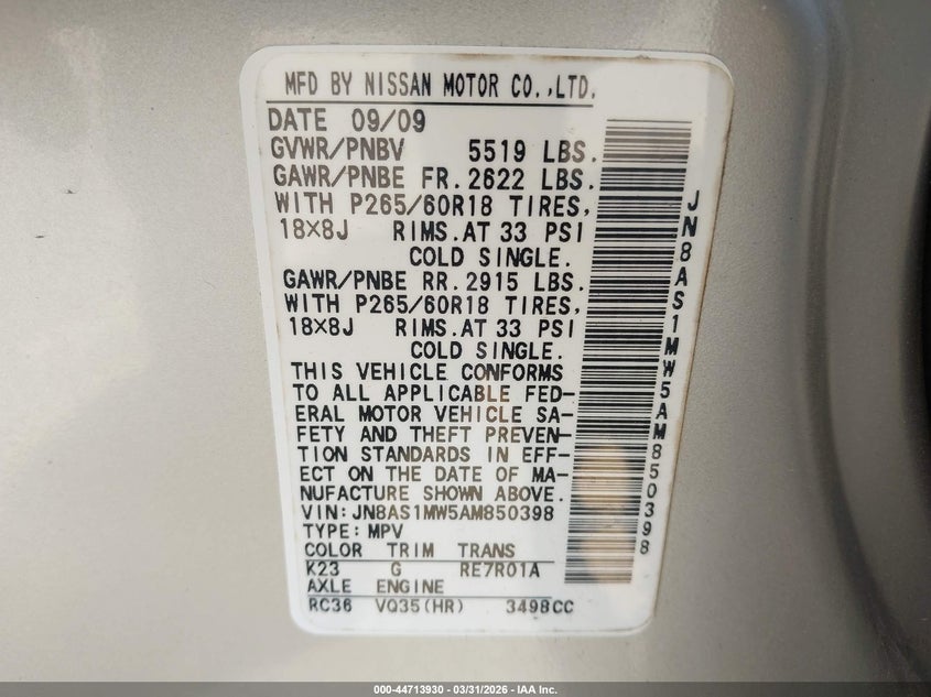 2010 Infiniti Fx35 VIN: JN8AS1MW5AM850398 Lot: 44713930