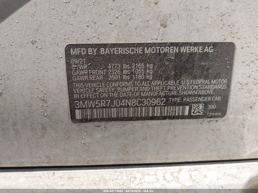 2022 BMW 330I xDrive VIN: 3MW5R7J04N8C30962 Lot: 44713943