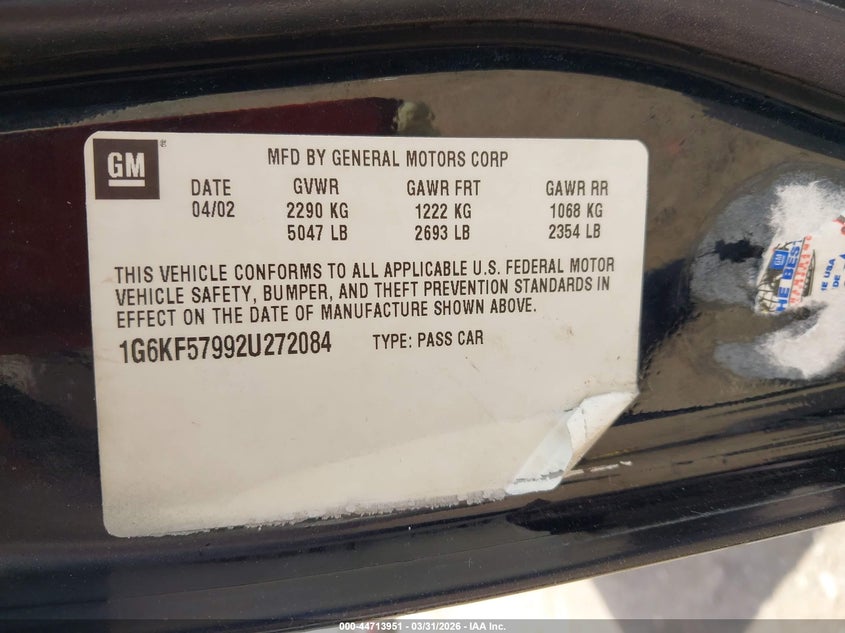 2002 Cadillac Deville Dts VIN: 1G6KF57992U272084 Lot: 44713951