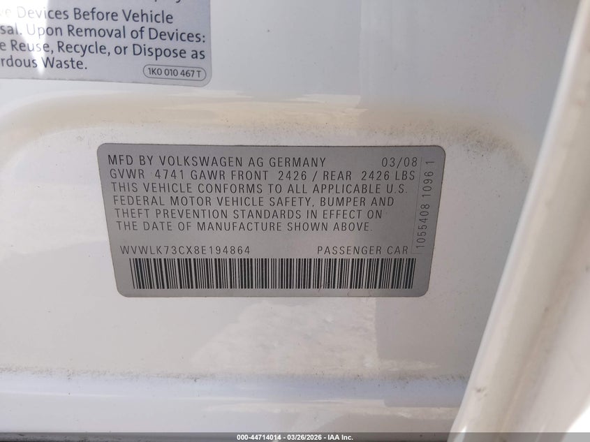 2008 Volkswagen Passat Komfort VIN: WVWLK73CX8E194864 Lot: 44714014