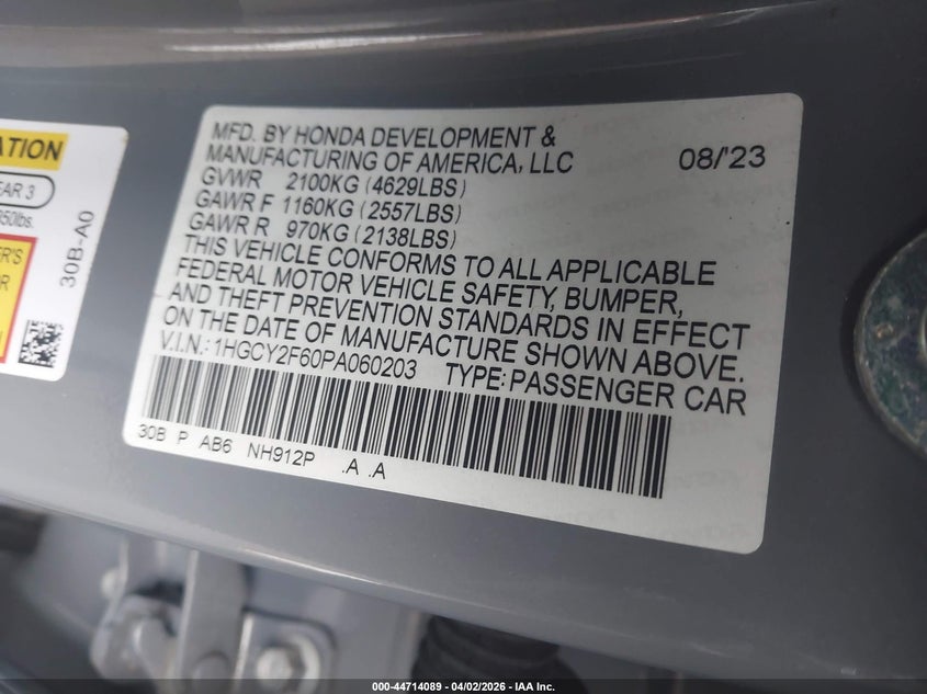 2023 HONDA ACCORD HYBRID 2.0L I-4 DI, DOHC, V(VIN: 1HGCY2F60PA060203