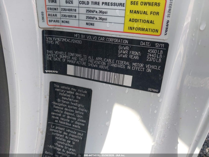 2012 Volvo C70 T5/T5 Platinum/T5 Premier Plus VIN: YV1672MC4CJ128093 Lot: 44714118