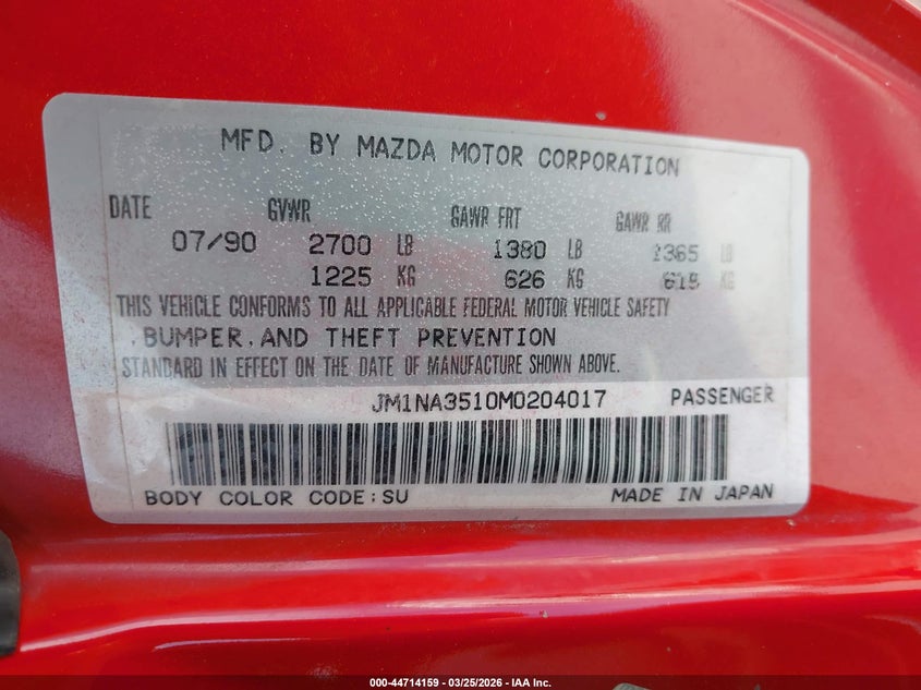 1991 Mazda Mx-5 Miata VIN: JM1NA3510M0204017 Lot: 44714159