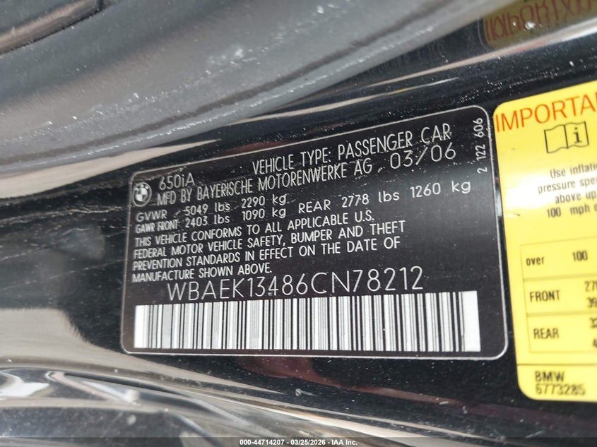 2006 BMW 650I VIN: WBAEK13486CN78212 Lot: 44714207
