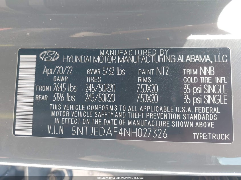 2022 Hyundai Santa Cruz Limited VIN: 5NTJEDAF4NH027326 Lot: 44714264