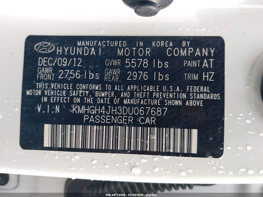 2013 Hyundai Equus Signature VIN: KMHGH4JH3DU067687 Lot: 44714346