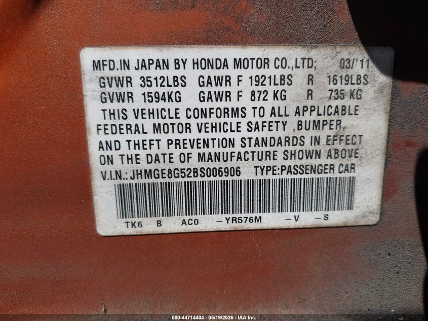 2011 Honda Fit 1.5 Sport orange Lot 111044714404 Vin JHMGE8G52BS006906
