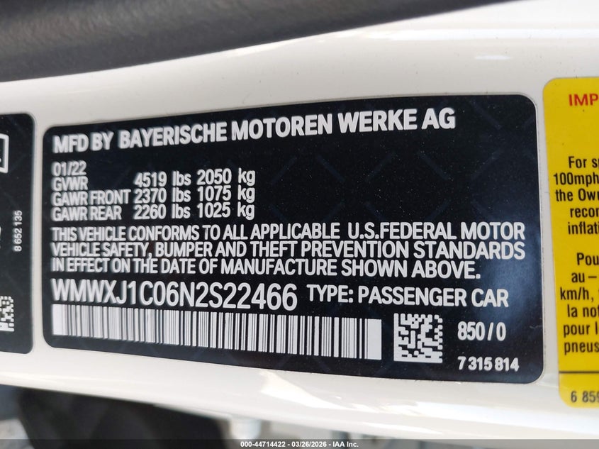 2022 Mini Clubman Cooper S VIN: WMWXJ1C06N2S22466 Lot: 44714422