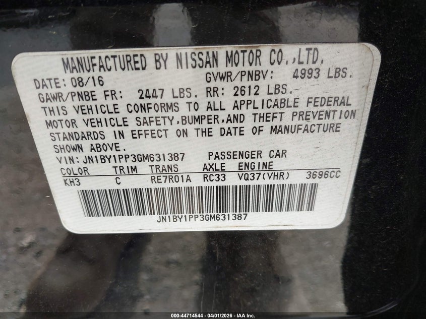 2016 Infiniti Q70L 3.7 VIN: JN1BY1PP3GM631387 Lot: 44714544