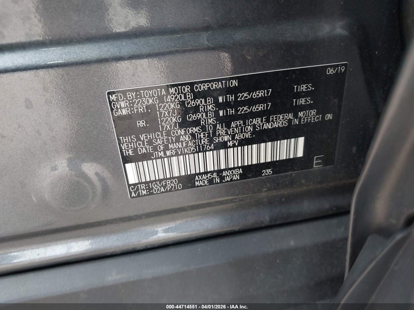 VIN JTMLWRFV1KD511764 2019 TOYOTA RAV4 HYBRID LE