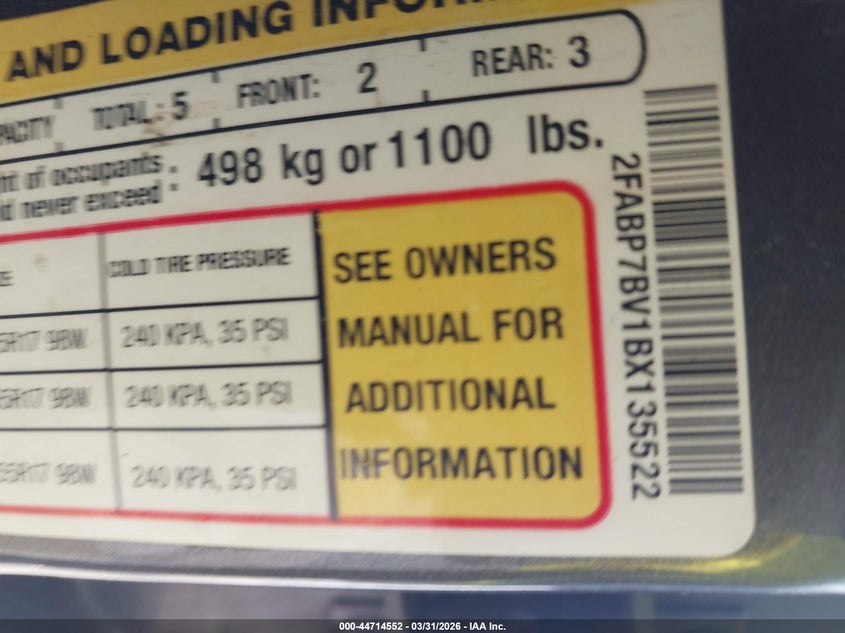 2011 Ford Crown Victoria Police Interceptor VIN: 2FABP7BV1BX135522 Lot: 44714552